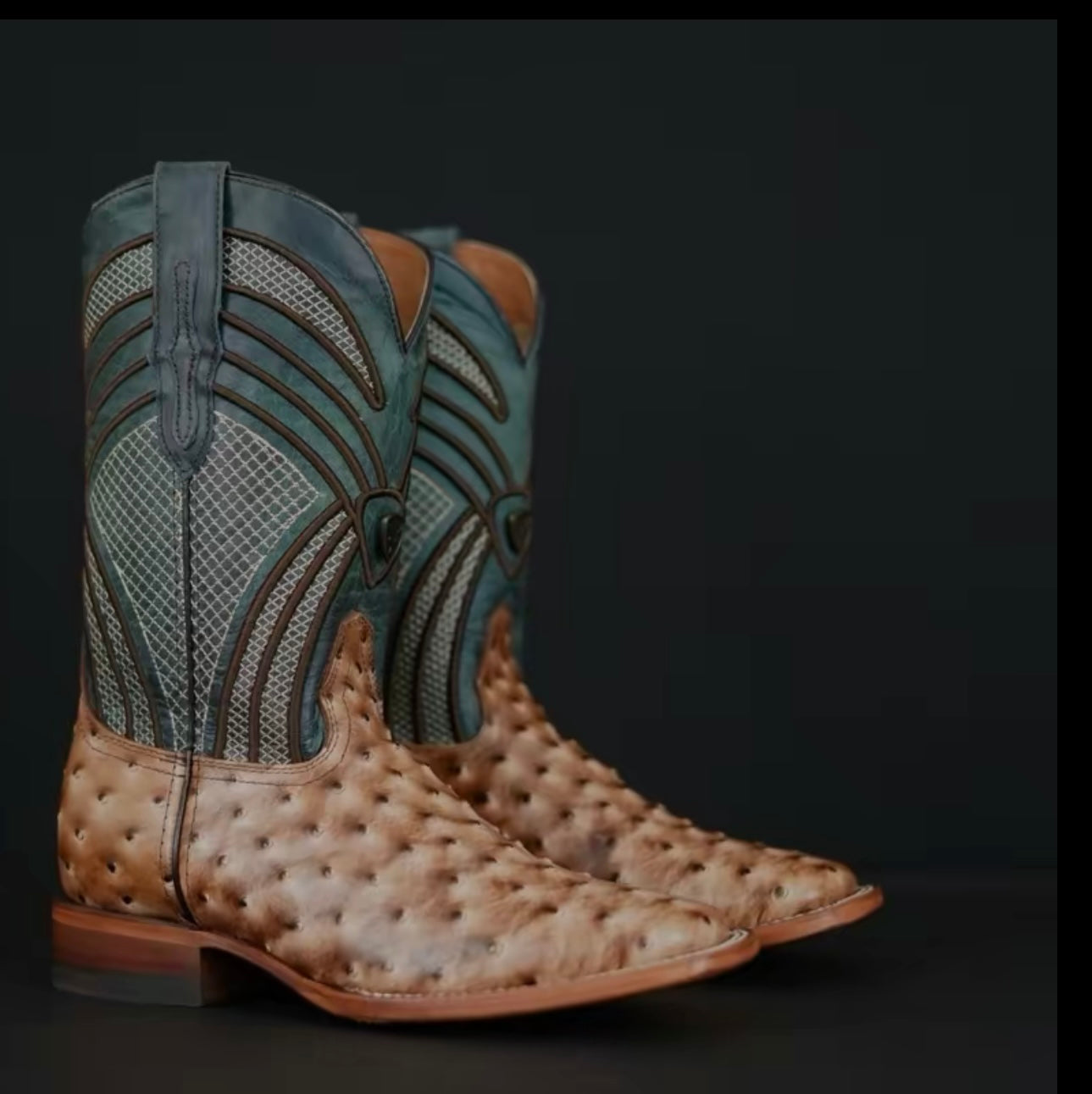 080 Men’s Western Square Toe Boot – Ostrich Orix Print Brown with Blue Jean Upper