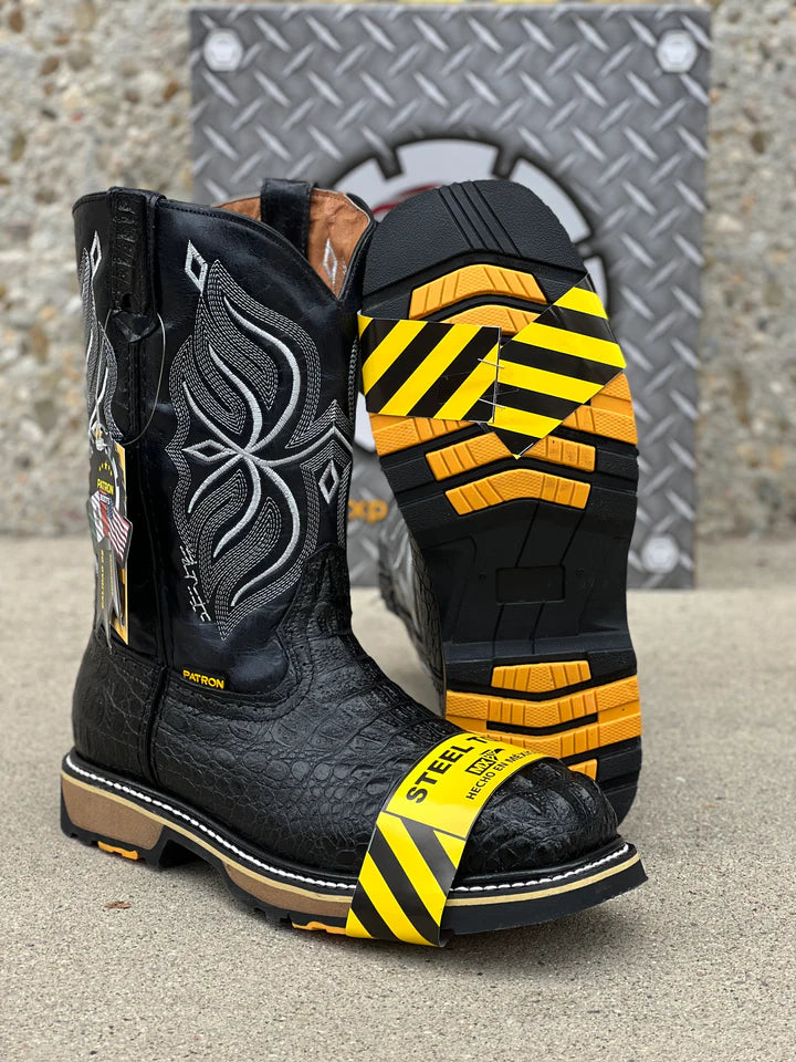 Square Toe Steel Toe Horn Back Crocodile Slip On Boot  Black