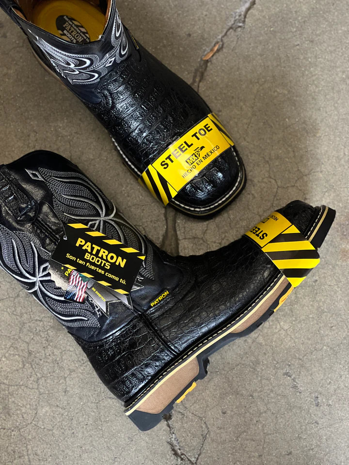 Square Toe Steel Toe Horn Back Crocodile Slip On Boot  Black