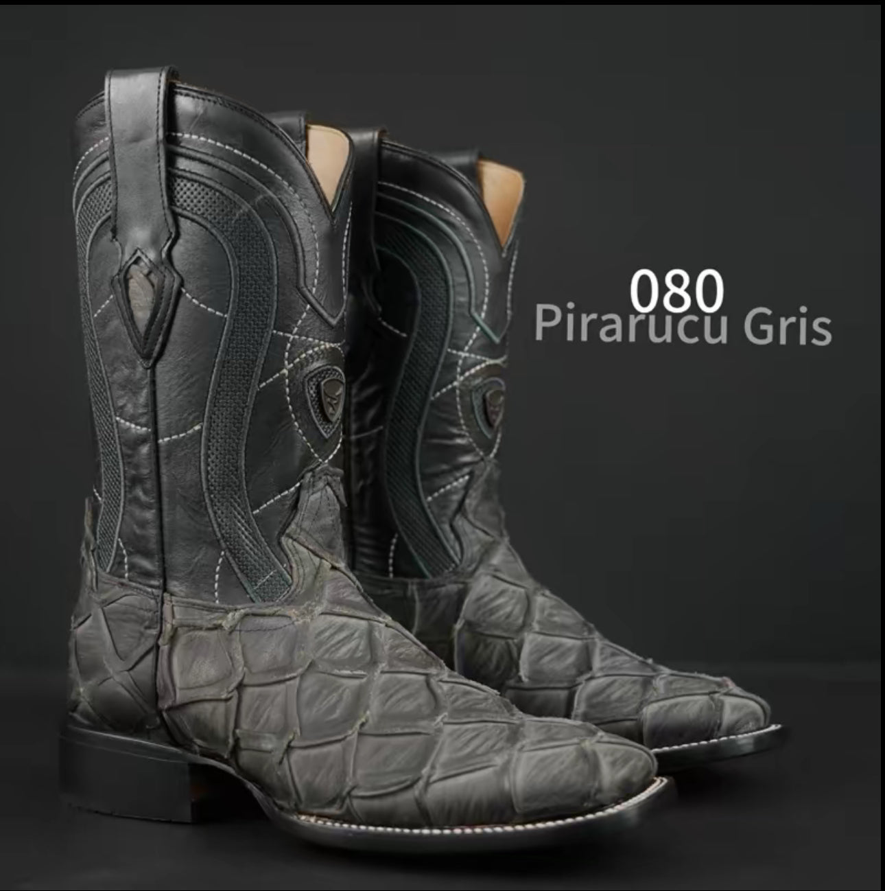 080 Men’s Western Square Toe Boot – Pirarucu Jumbo Print in Matte Gray