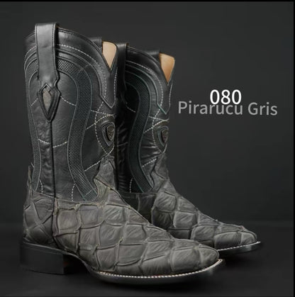 080 Men’s Western Square Toe Boot – Pirarucu Jumbo Print in Matte Gray