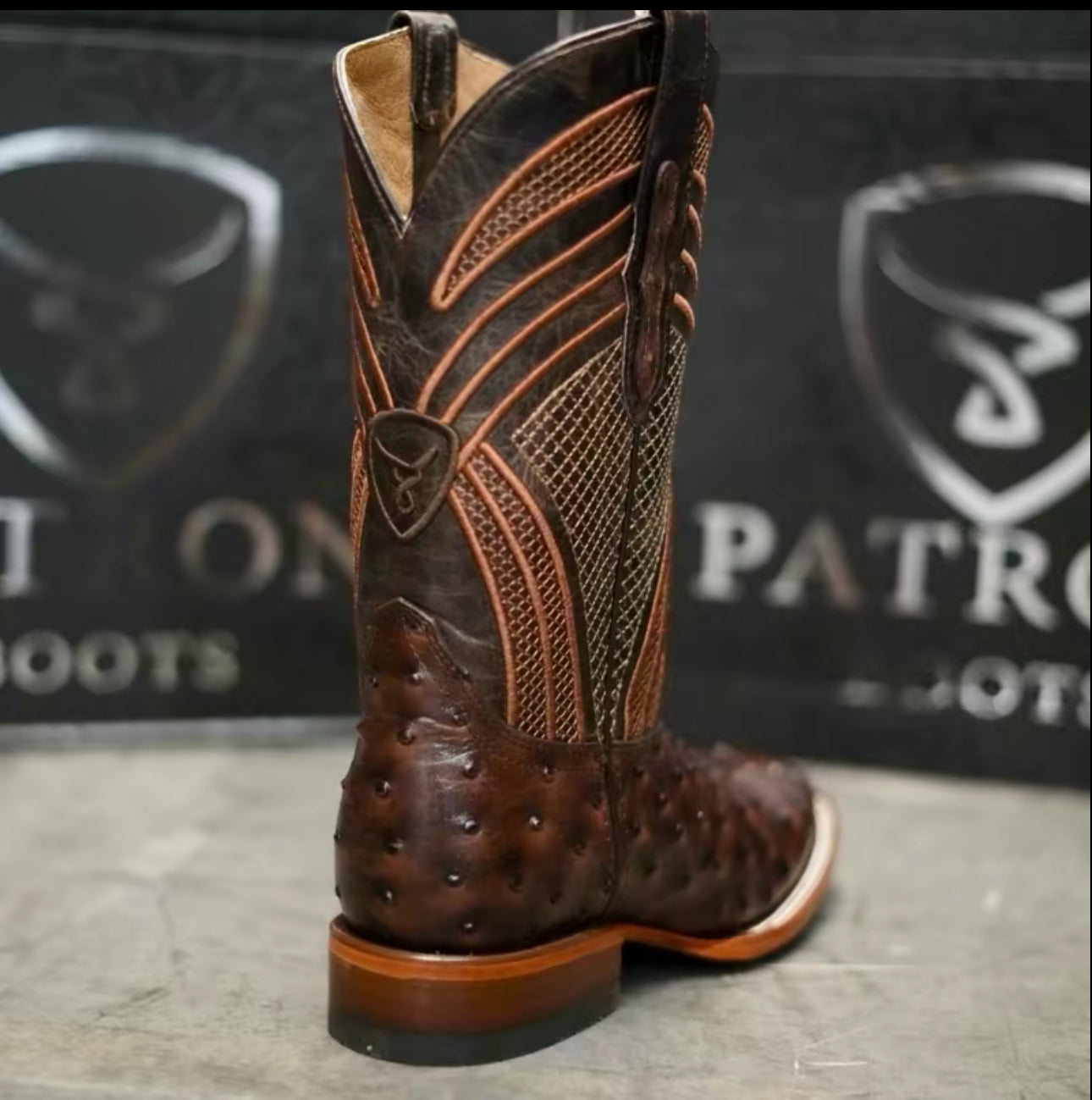 080 Men’s Ostrich Print Coffee Brown Western Boots – Square Toe Leather Sole Cowboy Boots