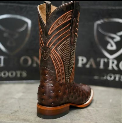 080 Men’s Ostrich Print Coffee Brown Western Boots – Square Toe Leather Sole Cowboy Boots