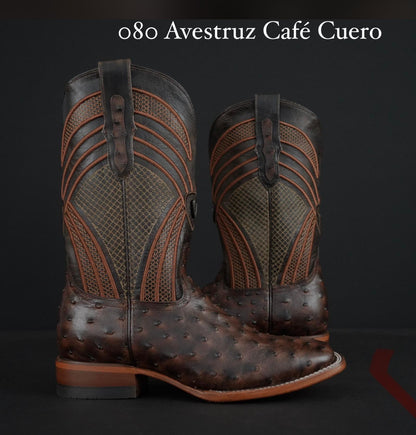 080 Men’s Ostrich Print Coffee Brown Western Boots – Square Toe Leather Sole Cowboy Boots