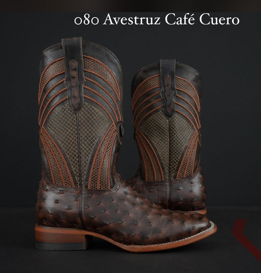 080 Men’s Ostrich Print Coffee Brown Western Boots – Square Toe Leather Sole Cowboy Boots