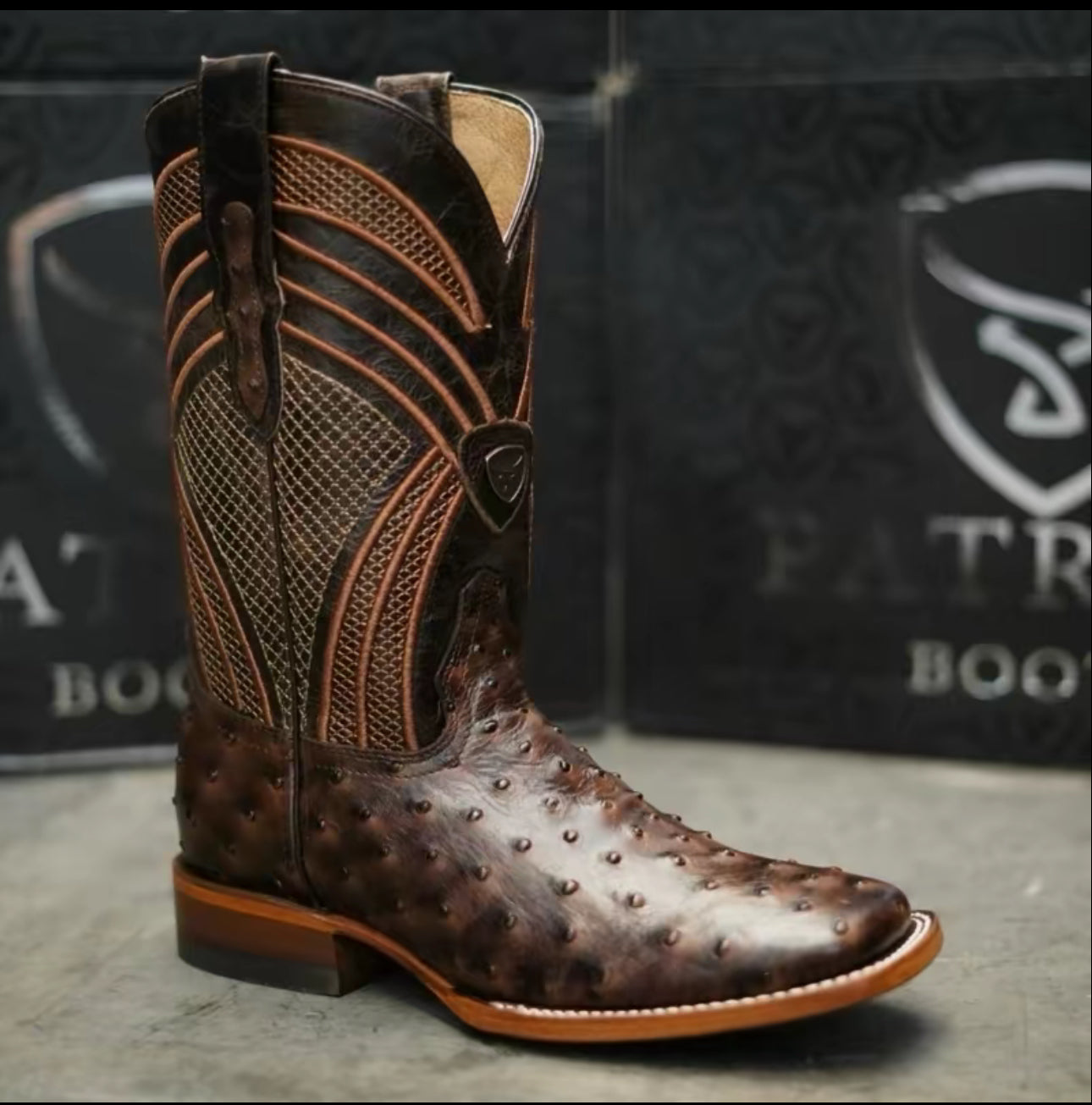 080 Men’s Ostrich Print Coffee Brown Western Boots – Square Toe Leather Sole Cowboy Boots