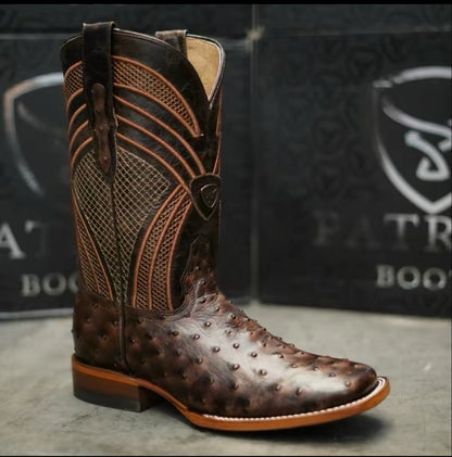 080 Men’s Ostrich Print Coffee Brown Western Boots – Square Toe Leather Sole Cowboy Boots