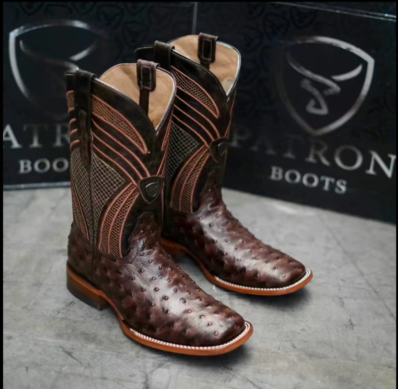 080 Men’s Ostrich Print Coffee Brown Western Boots – Square Toe Leather Sole Cowboy Boots