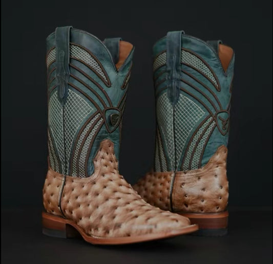 080 Men’s Western Square Toe Boot – Ostrich Orix Print Brown with Blue Jean Upper