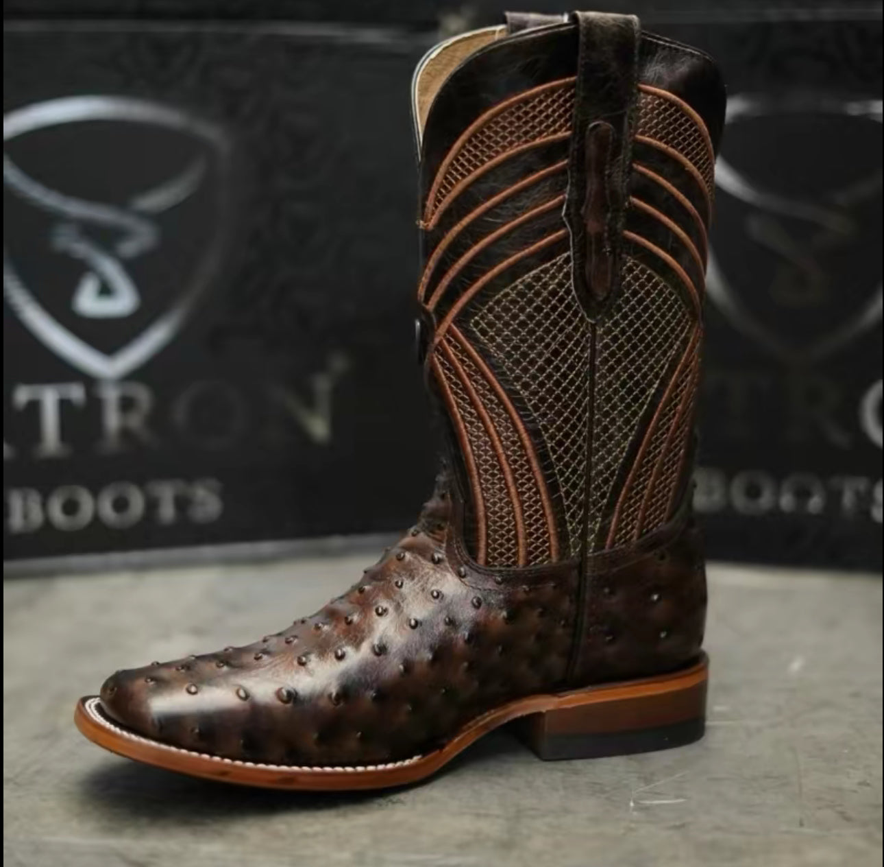 080 Men’s Ostrich Print Coffee Brown Western Boots – Square Toe Leather Sole Cowboy Boots