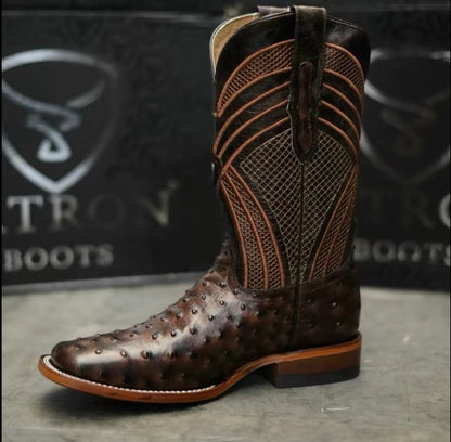 080 Men’s Ostrich Print Coffee Brown Western Boots – Square Toe Leather Sole Cowboy Boots