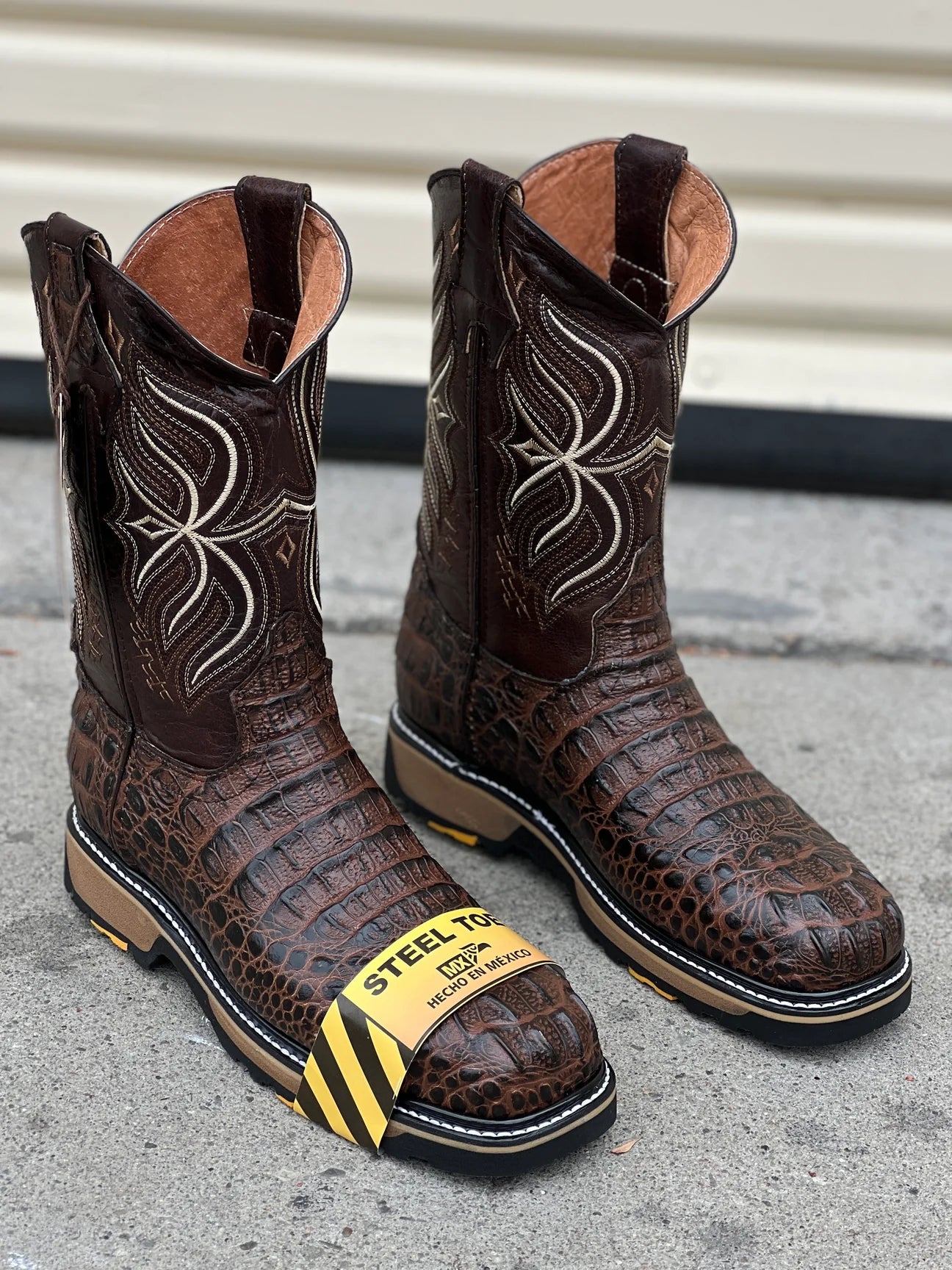 Square Toe Steel Toe Horn Back Crocodile Slip On Boot