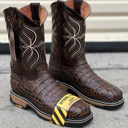 Square Toe Steel Toe Horn Back Crocodile Slip On Boot