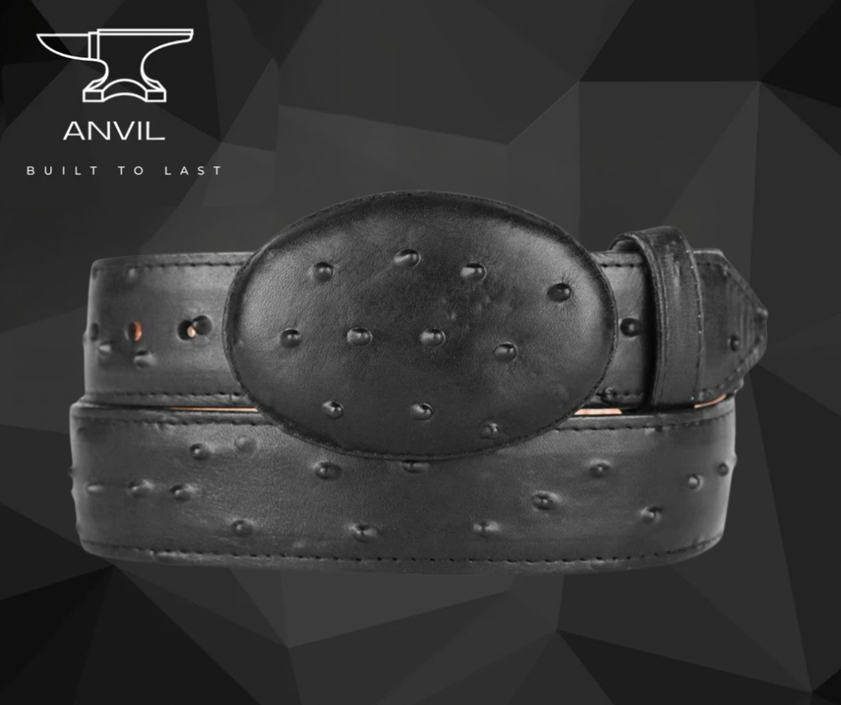 Black Ostrich Imitation Leather Belt – 1 1/2” Wide with Oval Buckle