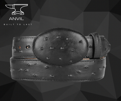 Black Ostrich Imitation Leather Belt – 1 1/2” Wide with Oval Buckle